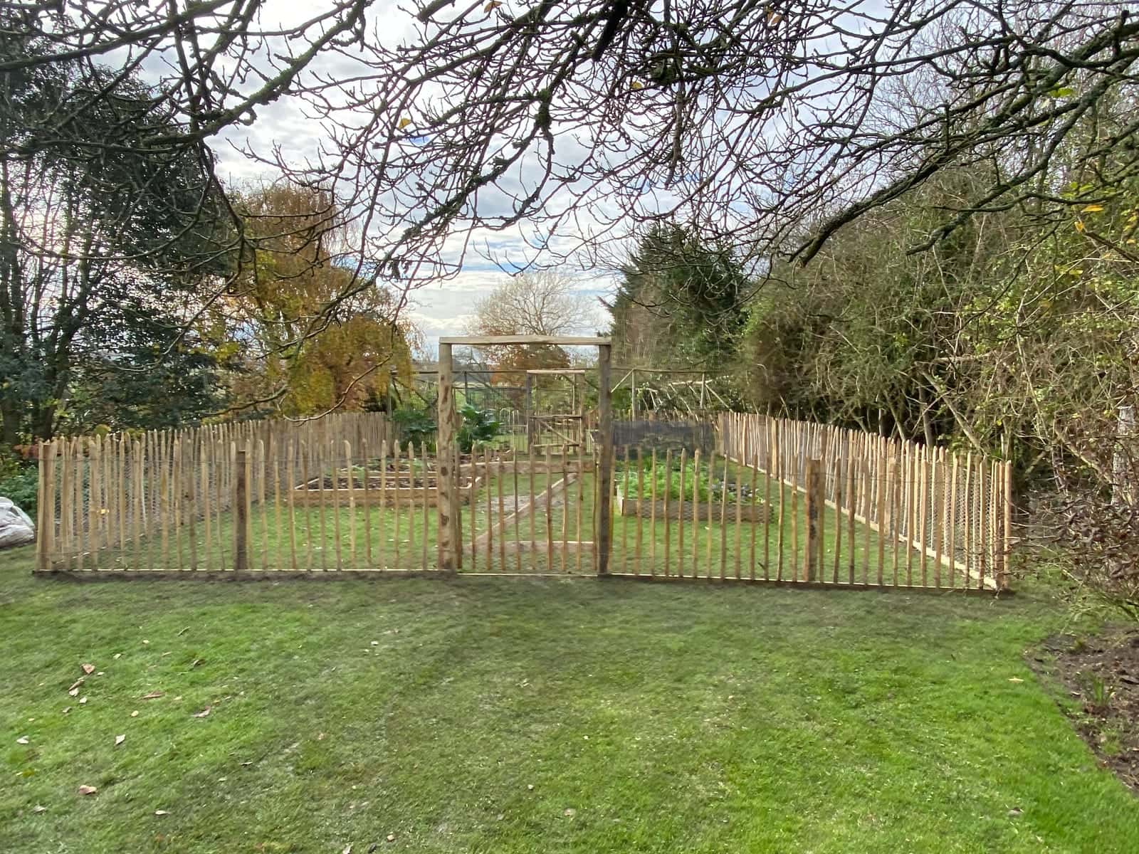 Chestnut paling fencing and a pair of gates enclosing a vegetable garden of raised beds