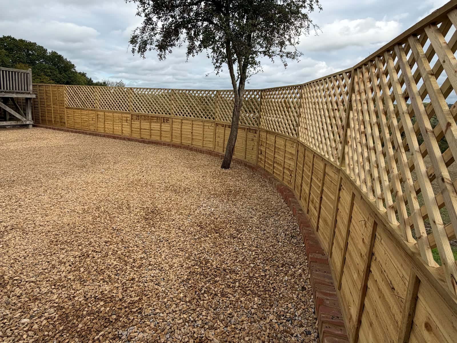 A new curving fence with trellis panels along the top, enclosing a gravel garden around a single tree
