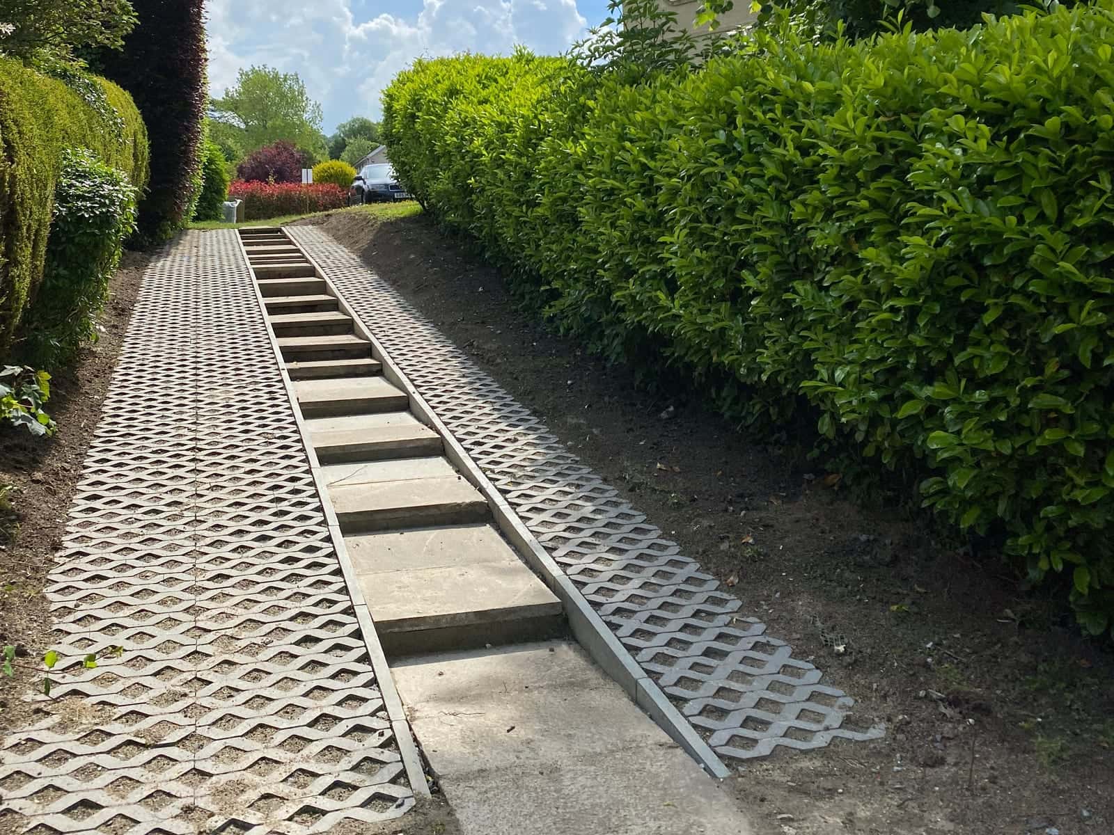 A driveway of grass-reinforcement paving with slab wheel tracks, running beside a tall laurel hedge