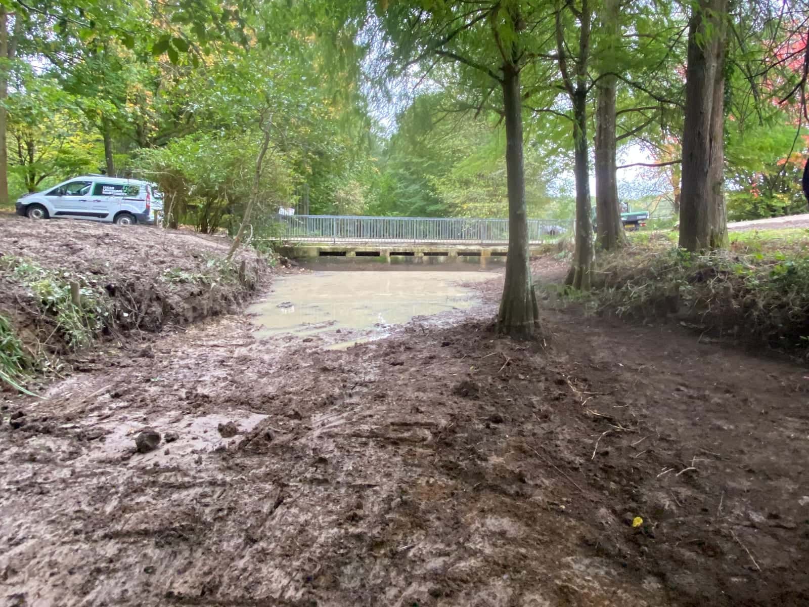 A pond bed drained and dug out under tall trees, with a small bridge at the far end