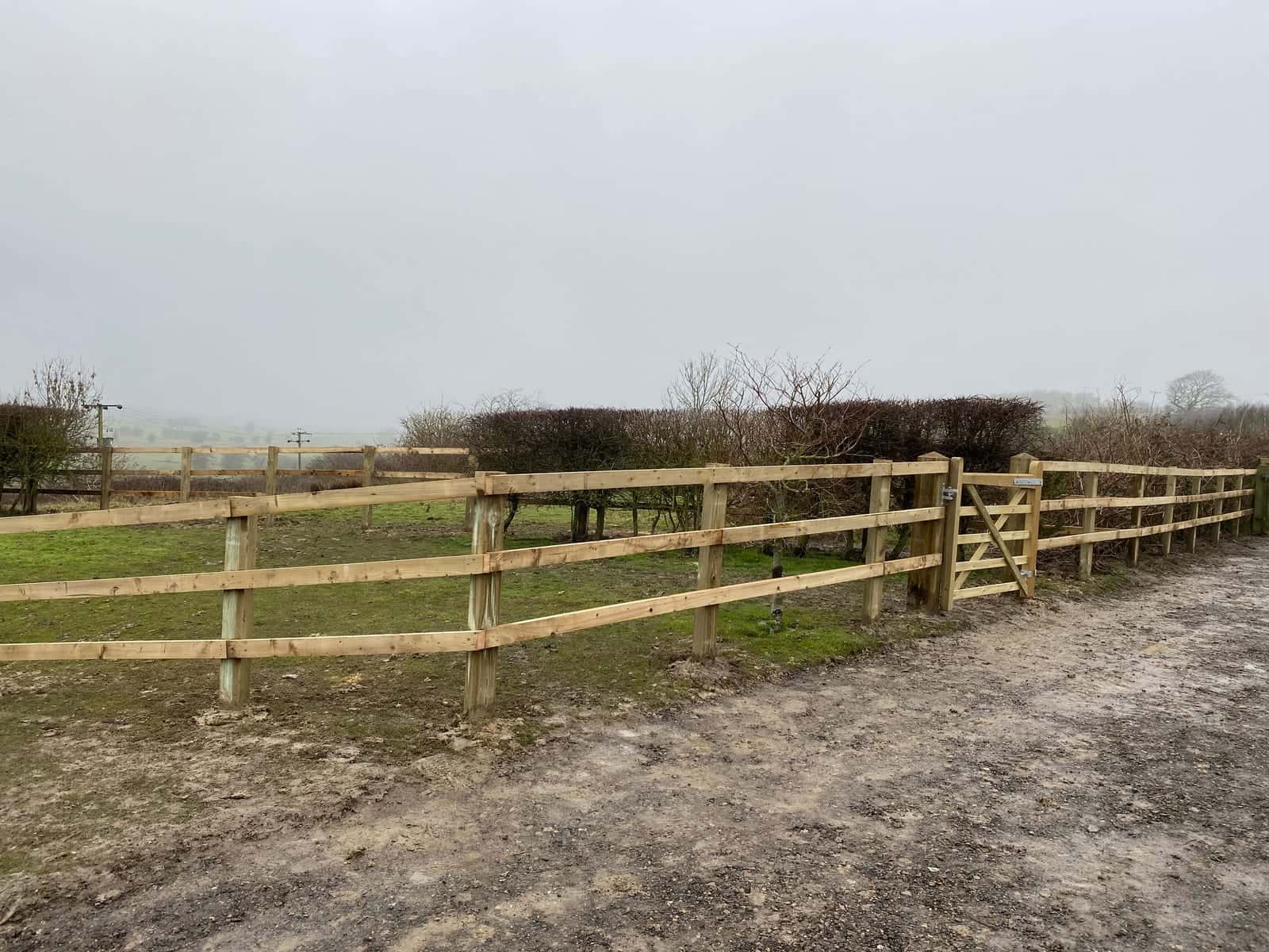 New post and rail fencing with a timber field gate beside a track, on a misty morning
