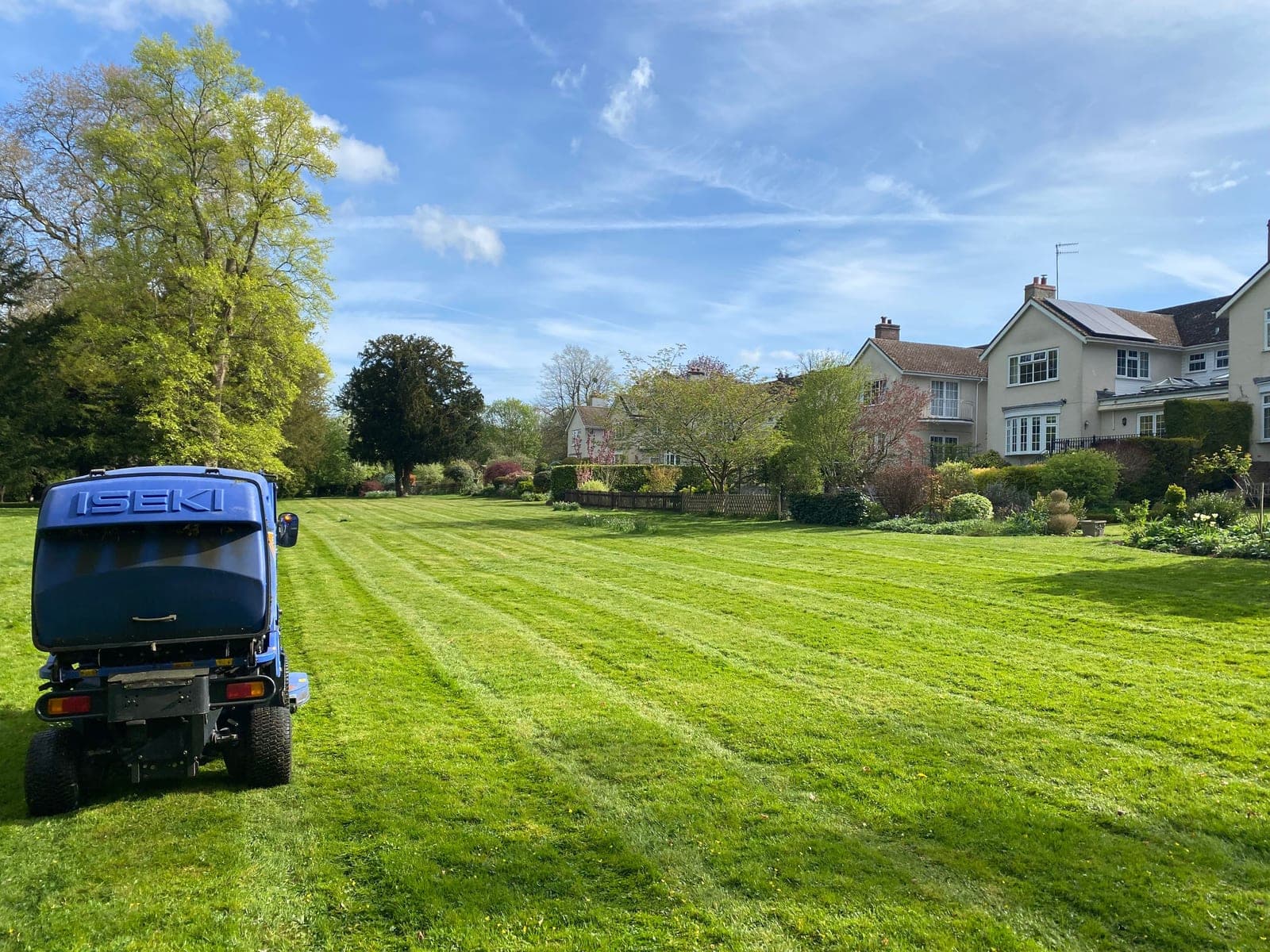 A blue Iseki ride-on mower on a large, freshly striped lawn, with mature trees and large houses beyond