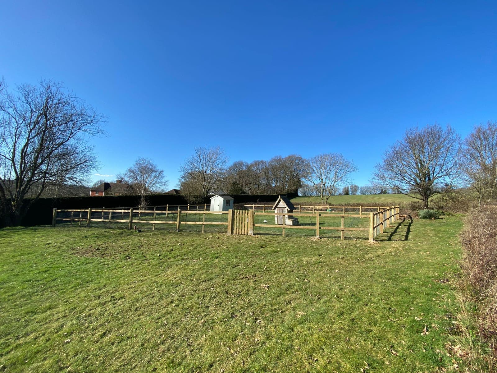 New post and rail paddock fencing across a grass field under a clear blue sky