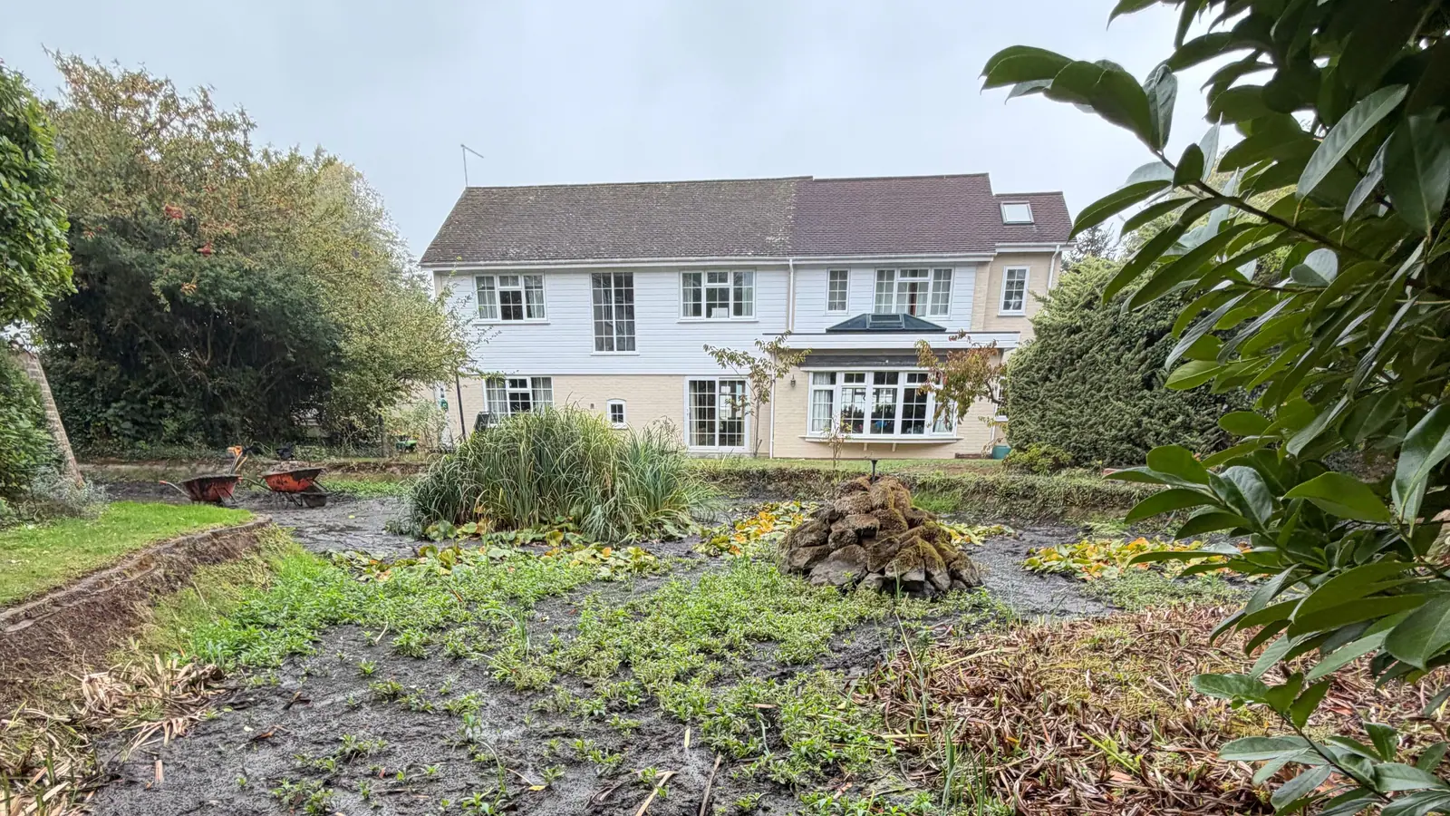 A drained garden pond bed thick with silt and weeds, with a reed island, a rock cairn and wheelbarrows, and a white house beyond